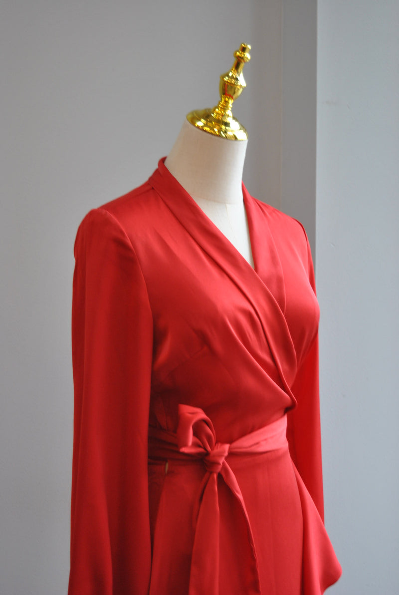 RED SILKY HIGH AND LOW WRAP DRESS