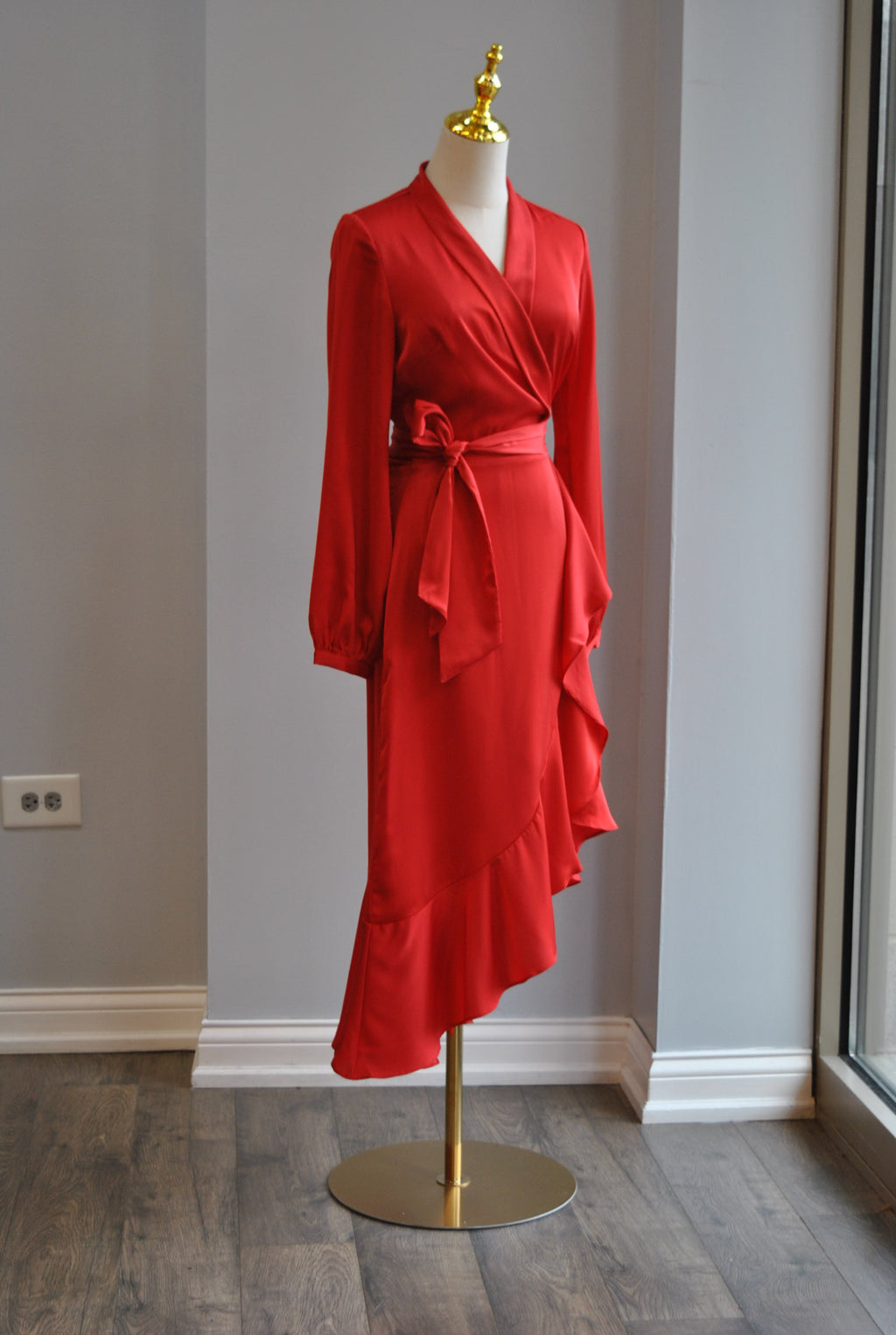 RED SILKY HIGH AND LOW WRAP DRESS