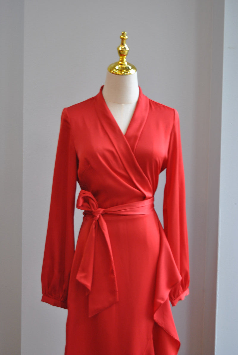 RED SILKY HIGH AND LOW WRAP DRESS
