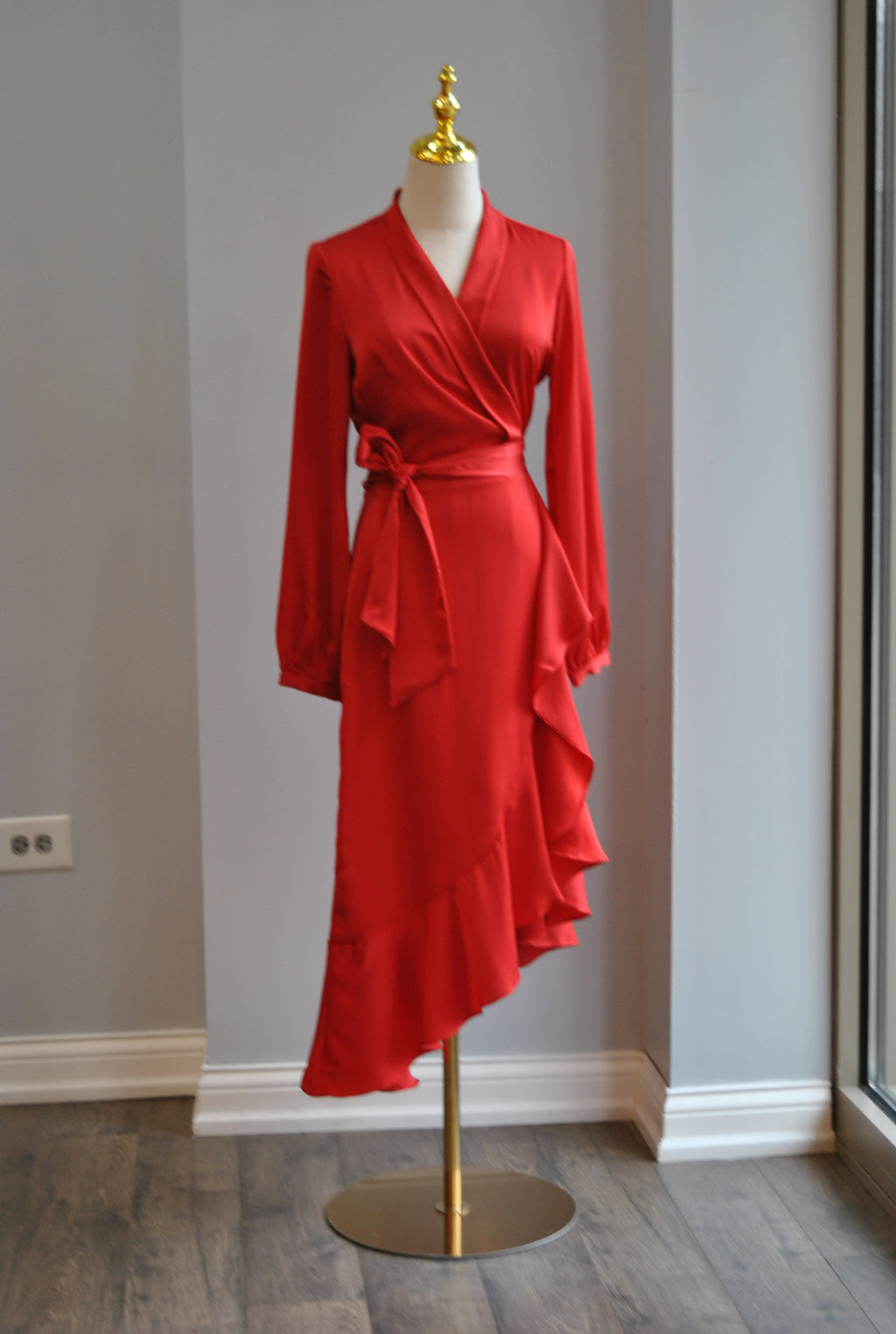 RED SILKY HIGH AND LOW WRAP DRESS