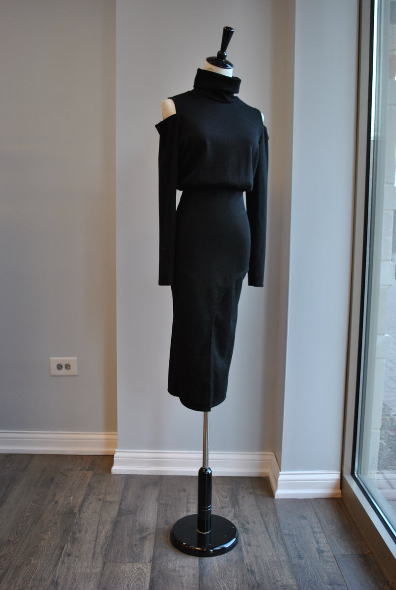 CLEARANCE - BLACK SWEATER DRESS WITH HIGH NECK AND COLD SHOULDERS