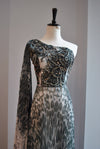 BLACK AND WHITE PRINT PLEATED LONG EVENING GOWN WITH THE EMELLISHMENT