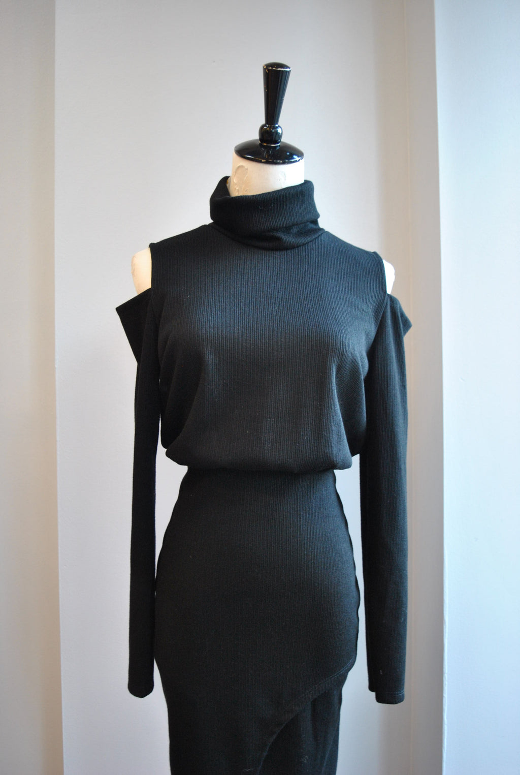 CLEARANCE - BLACK SWEATER DRESS WITH HIGH NECK AND COLD SHOULDERS