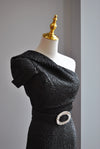 BLACK COCKTAIL MIDI ASYMMETRIC DRESS WITH RHINESTONES BELT