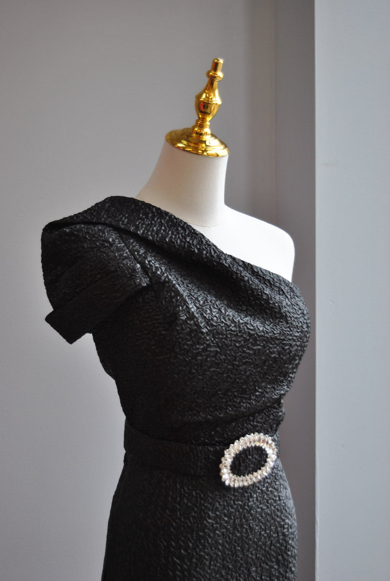 BLACK COCKTAIL MIDI ASYMMETRIC DRESS WITH RHINESTONES BELT