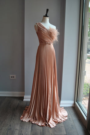 ROSE GOLD PLEATED EVENING GOWN WITH FEATHERS