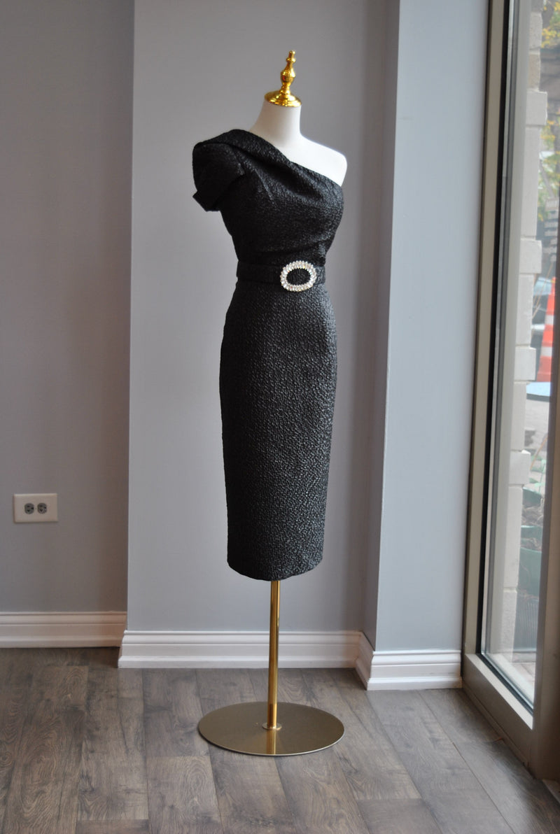 BLACK COCKTAIL MIDI ASYMMETRIC DRESS WITH RHINESTONES BELT