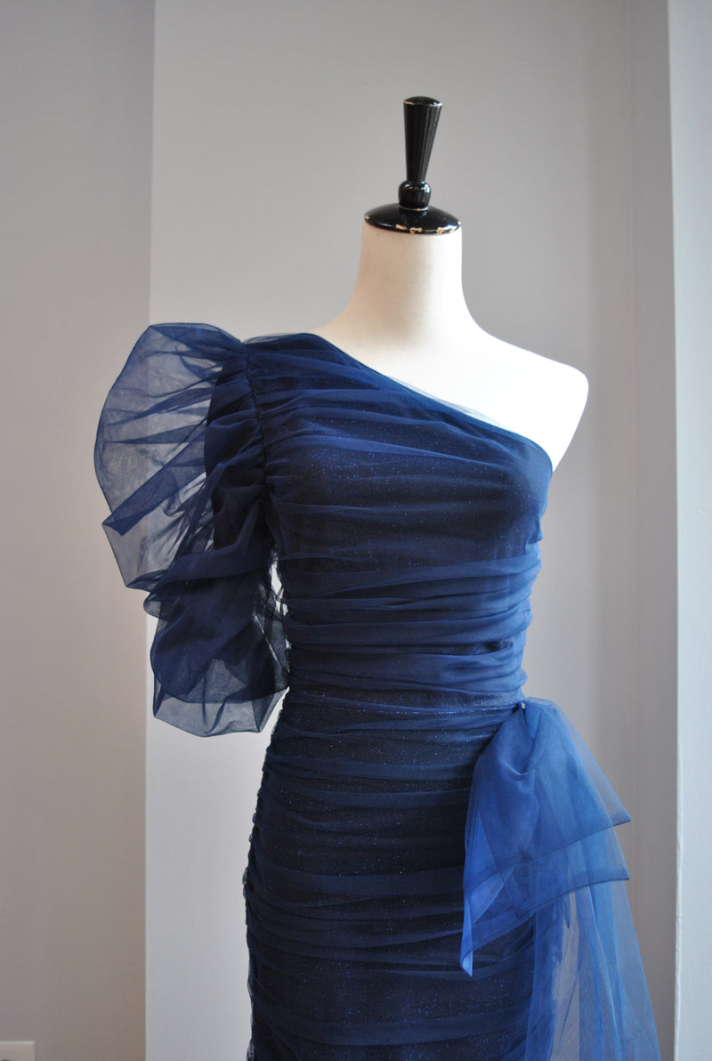 CLEARANCE NAVY BLUE MINI ASYMMETRIC SHEER DRESS WITH SIDE BOW