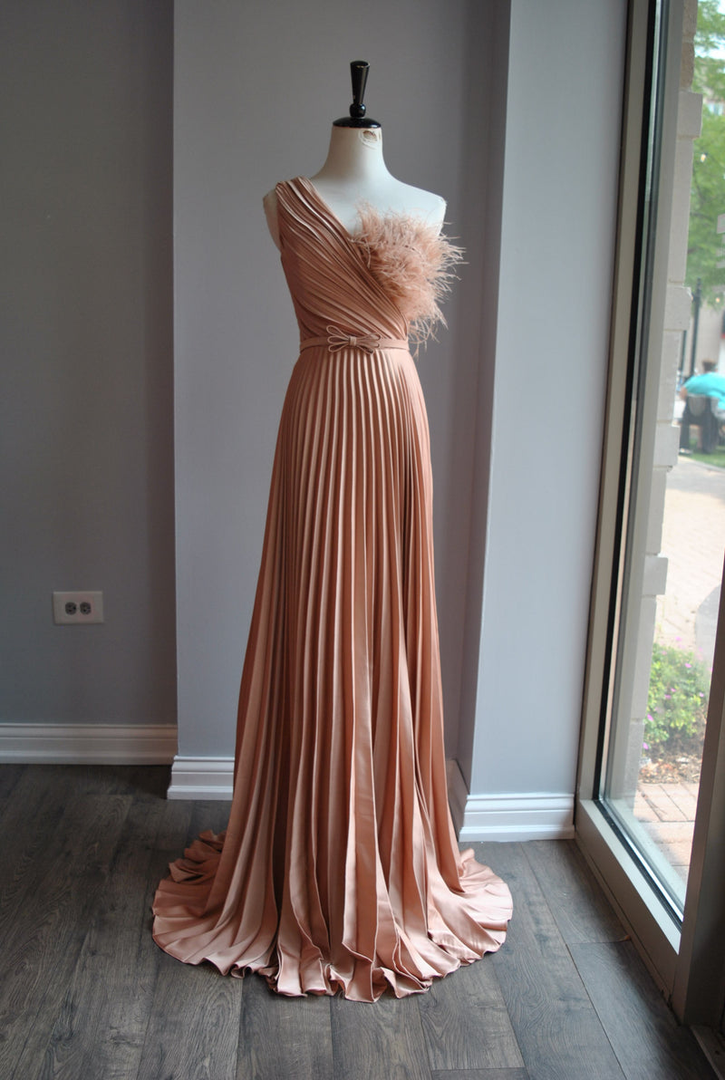 ROSE GOLD PLEATED EVENING GOWN WITH FEATHERS