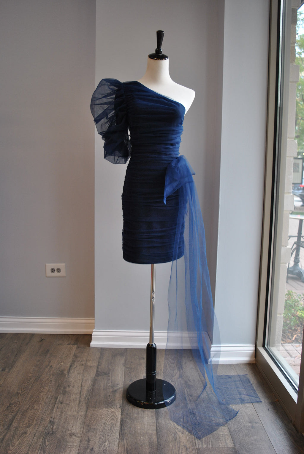 CLEARANCE - NAVY BLUE MINI ASYMMETRIC SHEER DRESS WITH SIDE BOW