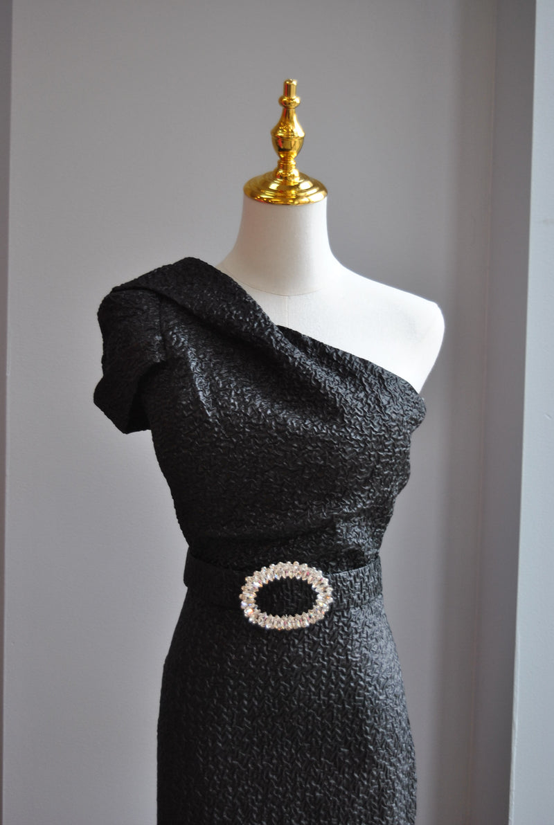 BLACK COCKTAIL MIDI ASYMMETRIC DRESS WITH RHINESTONES BELT