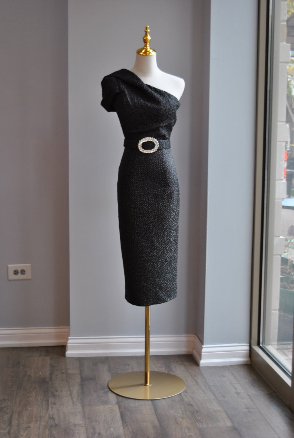 BLACK COCKTAIL MIDI ASYMMETRIC DRESS WITH RHINESTONES BELT