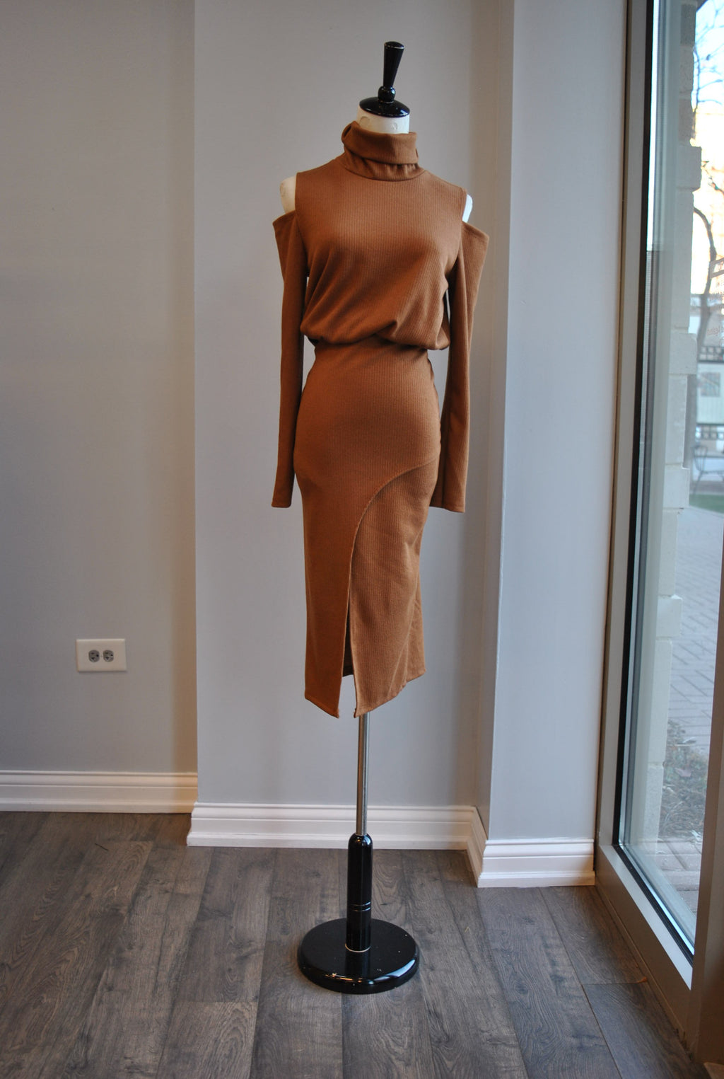 CLEARANCE - COGNAC SWEATER DRESS WITH HIGH NECK