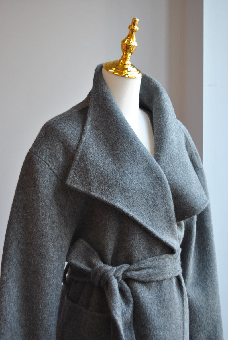 CHARCOAL GREY HANDMADE WOOL WRAP COAT WITH A BELT