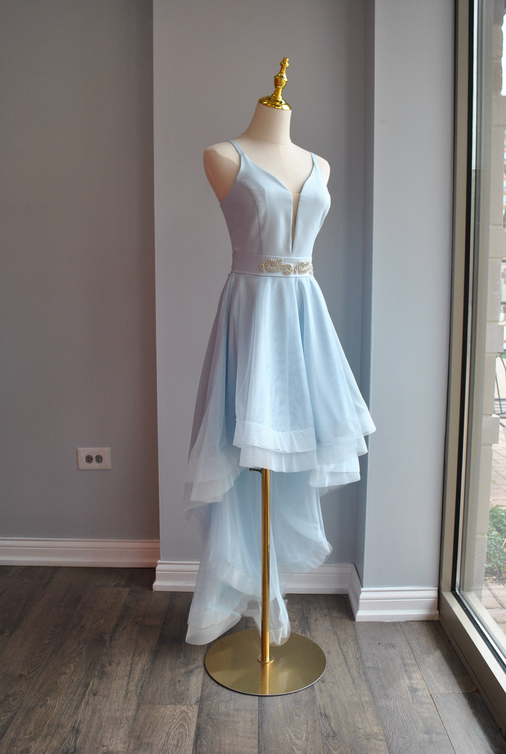 LIGHT BLUE HIGH AND LOW COCKTAIL DRESS WITH A CRYSTAL BELT