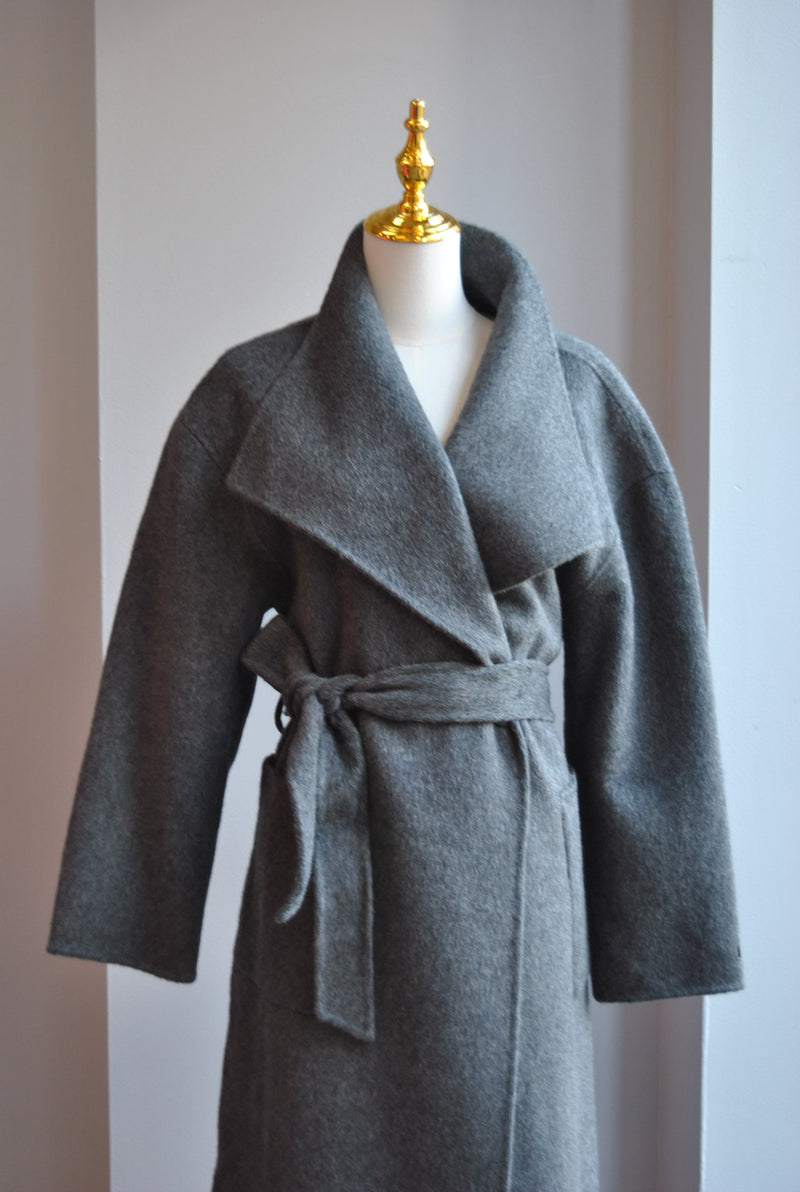 CHARCOAL GREY HANDMADE WOOL WRAP COAT WITH A BELT
