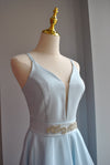 LIGHT BLUE HIGH AND LOW COCKTAIL DRESS WITH A CRYSTAL BELT