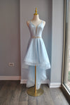 LIGHT BLUE HIGH AND LOW COCKTAIL DRESS WITH A CRYSTAL BELT