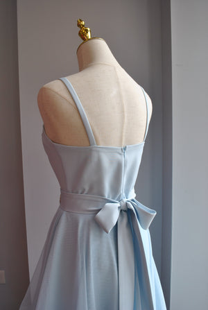 CLEARANCE - LIGHT BLUE HIGH AND LOW COCKTAIL DRESS WITH A CRYSTAL BELT