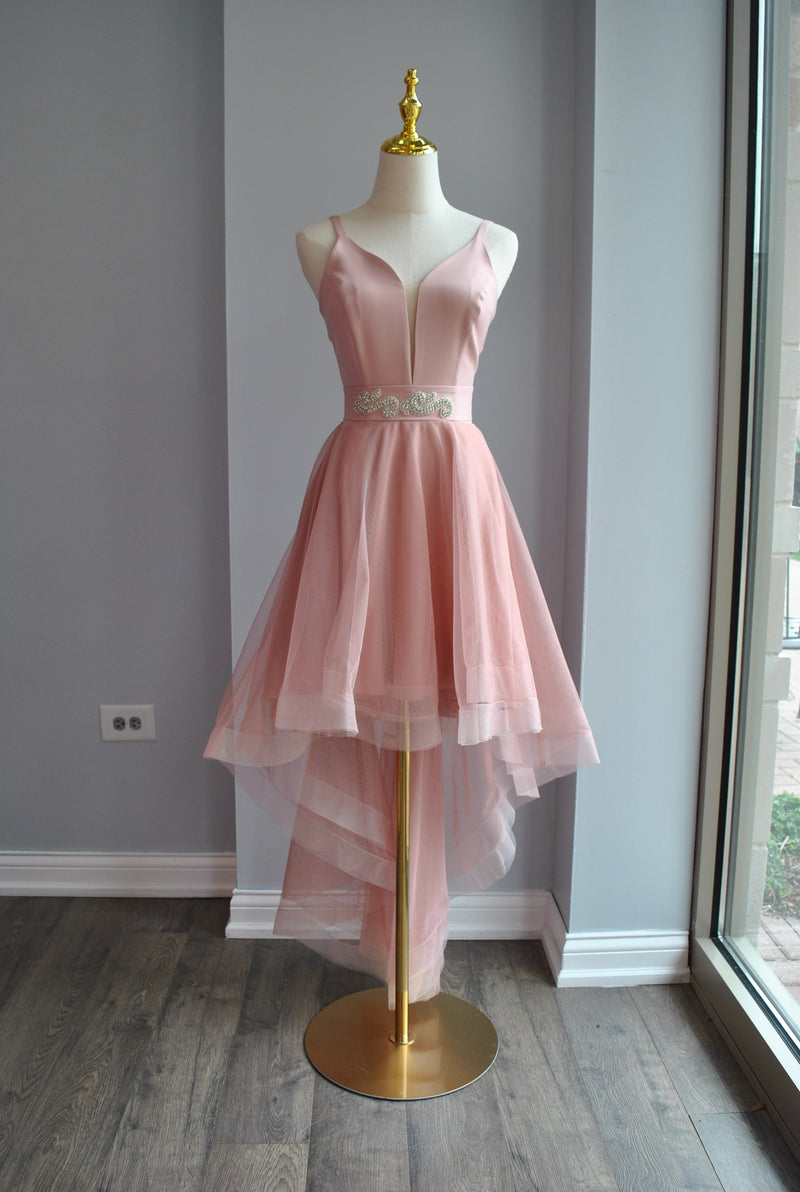 BLUSH PINK HIGH AND LOW DRESS WITH CRYSTAL BELT