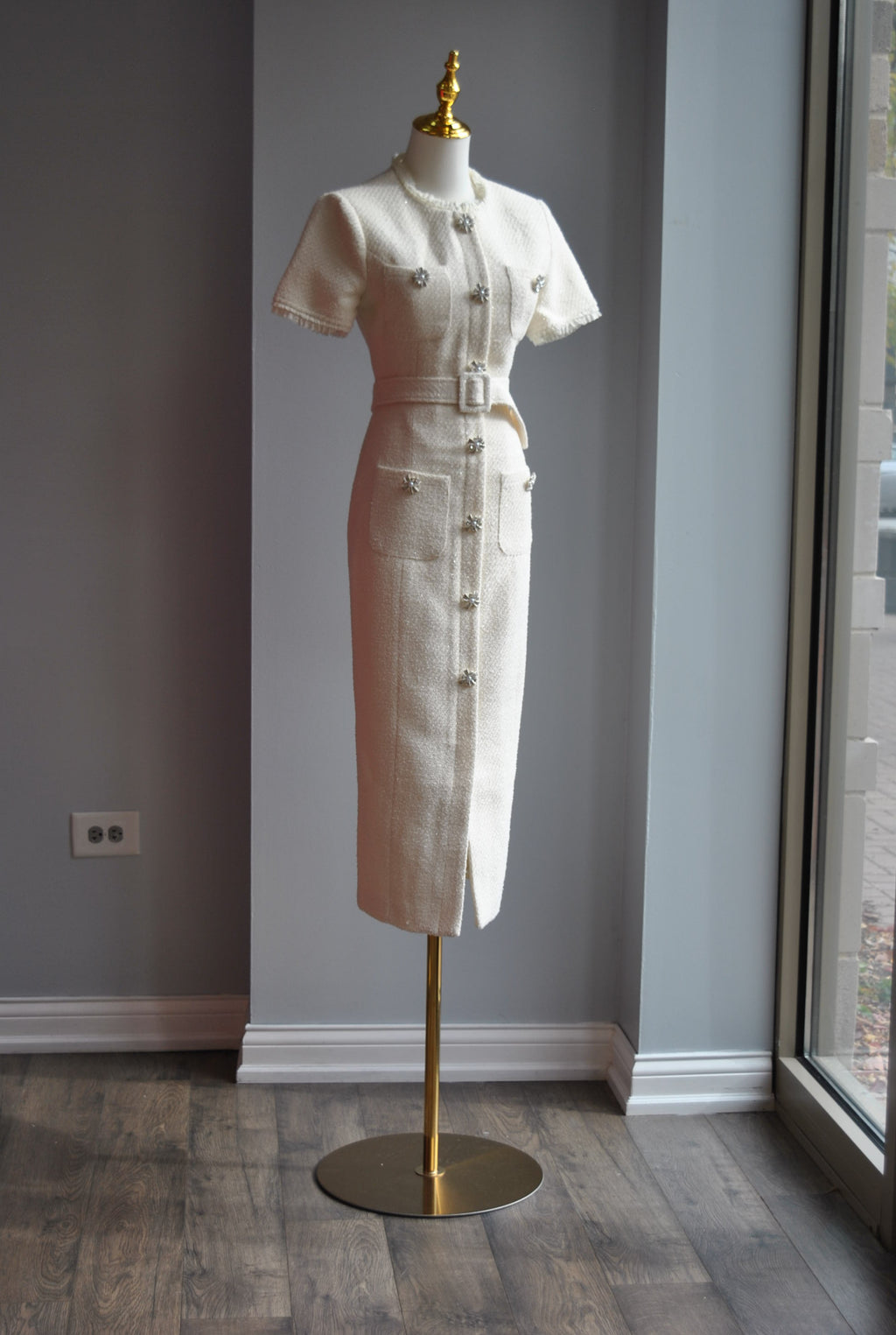 VANILLA TWEED MIDI DRESS WITH PEARLS BUTTONS