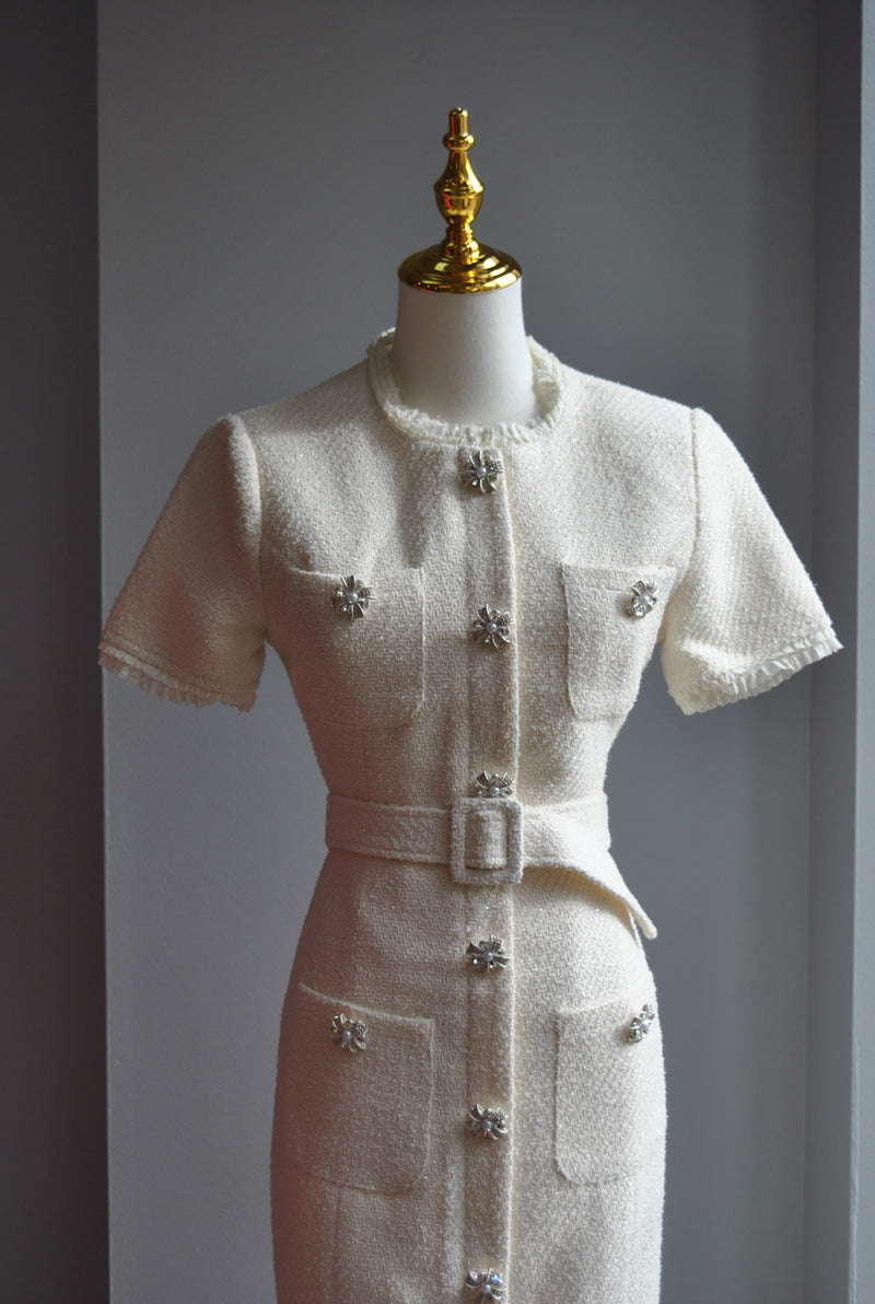 VANILLA TWEED MIDI DRESS WITH PEARLS BUTTONS