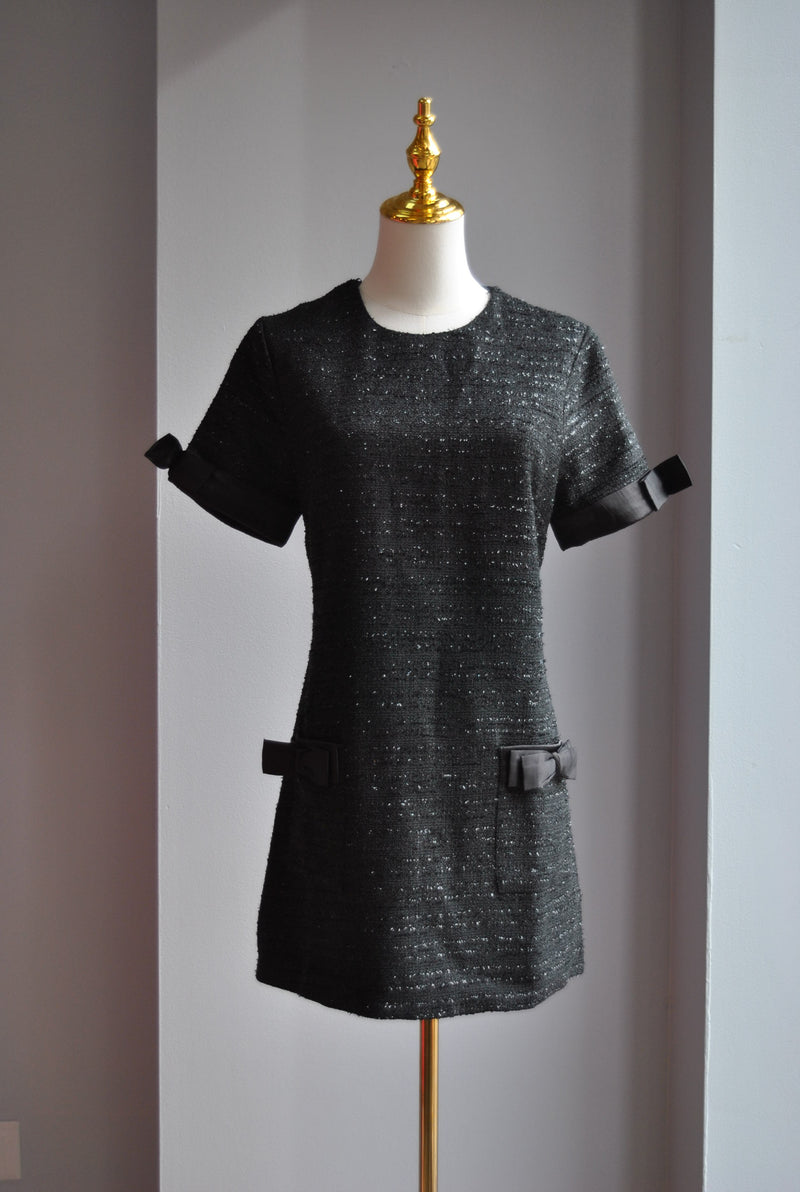 BLACK TWEED TUNIC DRESS WITH BOWS