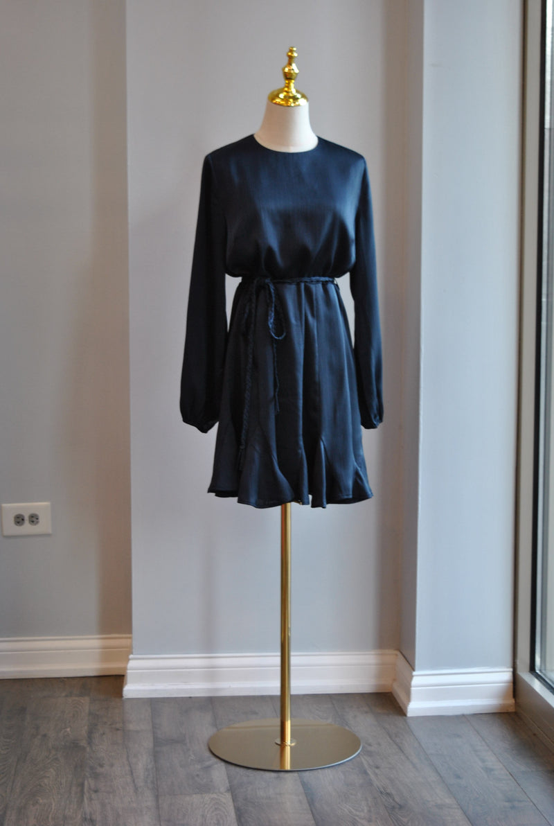NAVY BLUE SILKY DRESS WITH A BELT