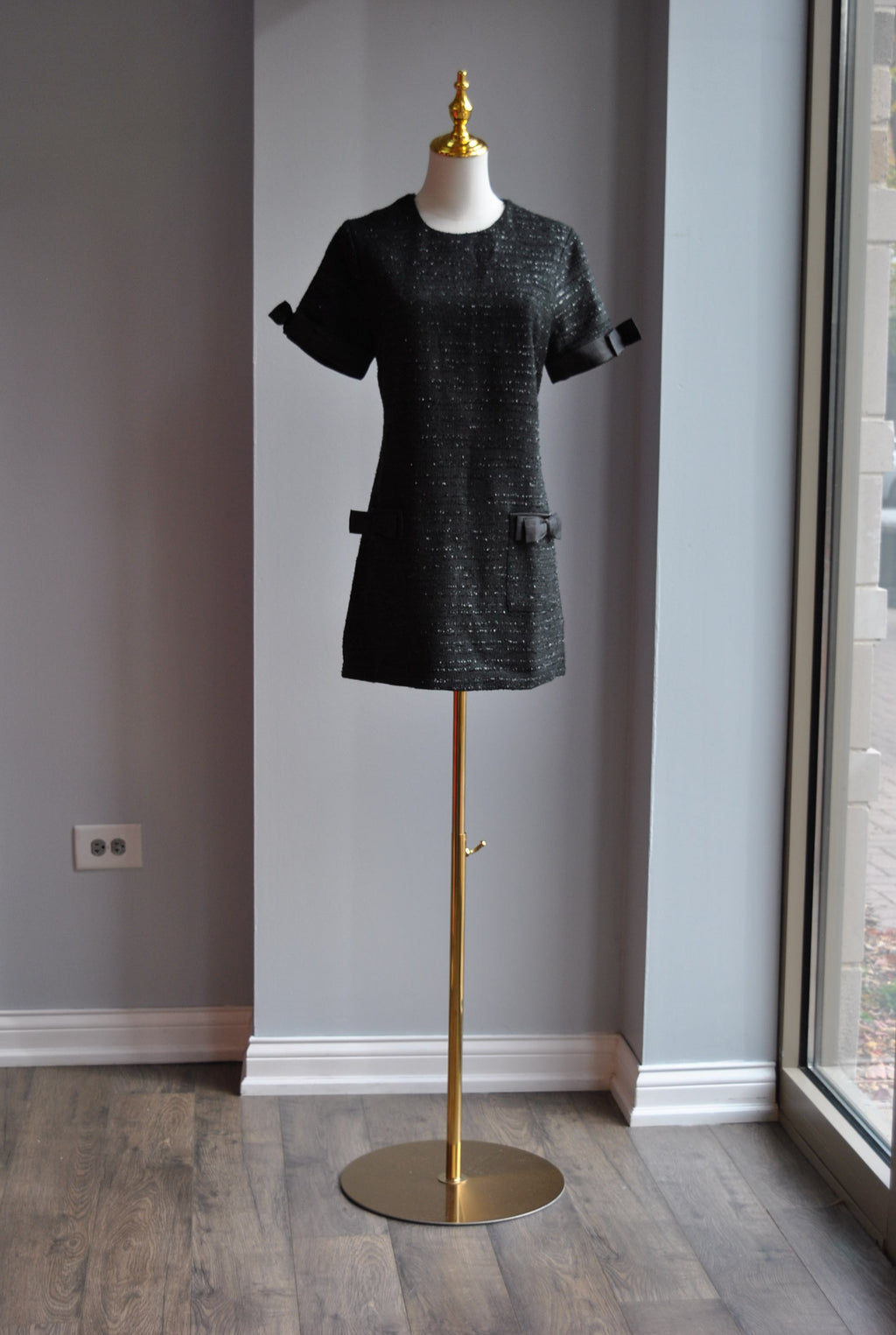 BLACK TWEED TUNIC DRESS WITH BOWS