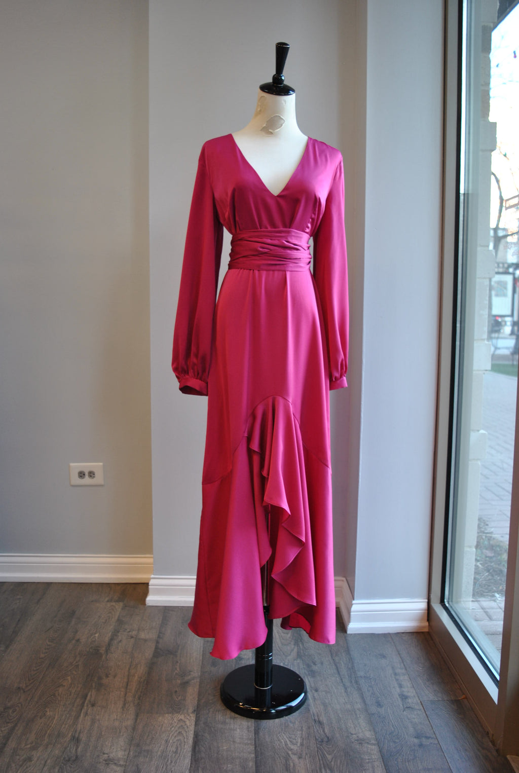 FUCHSIA PINK SILKY HIGH AND LOW DRESS