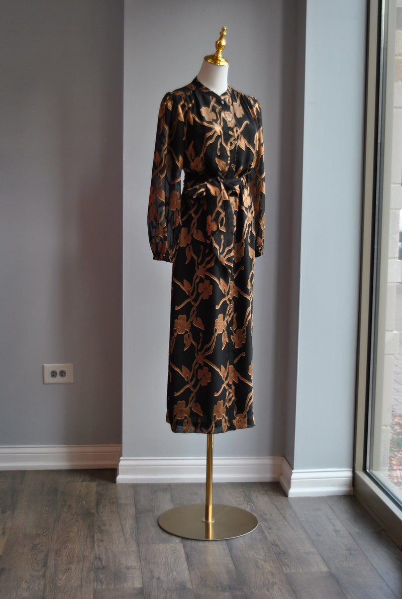 BLACK NAD GOLD MIDI DRESS WITH TIE WAIST