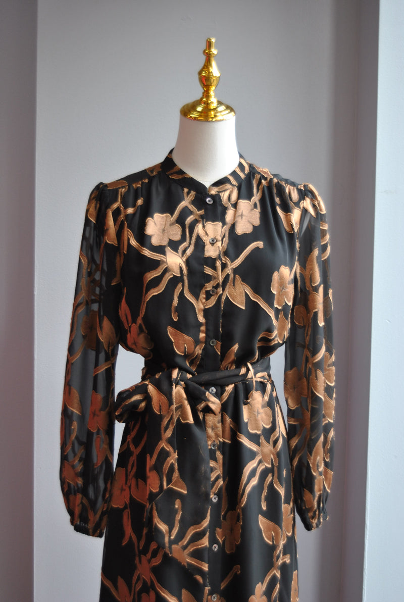 BLACK NAD GOLD MIDI DRESS WITH TIE WAIST