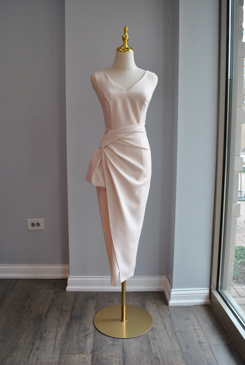 SAND COLOR MIDI COCKTAIL DRESS WITH RUSHING