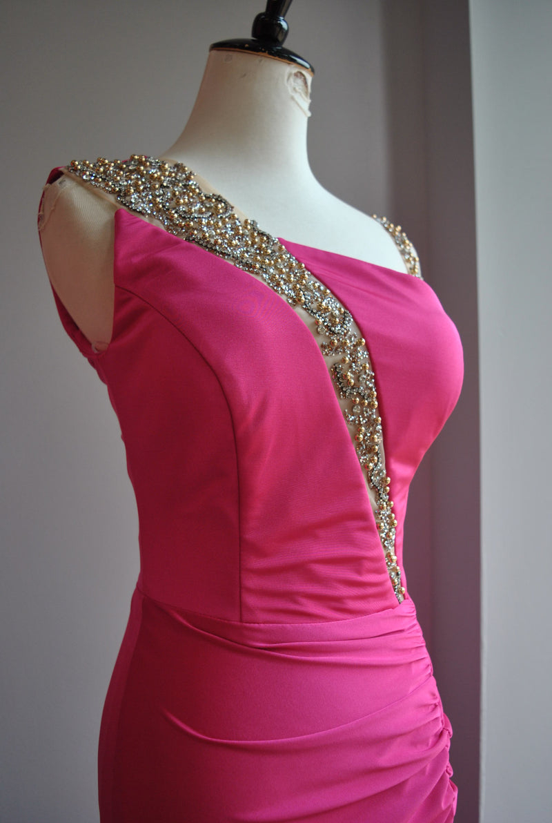 FUCHSIA PINK AND CRYSTALS FIT LONG EVENING GOWN