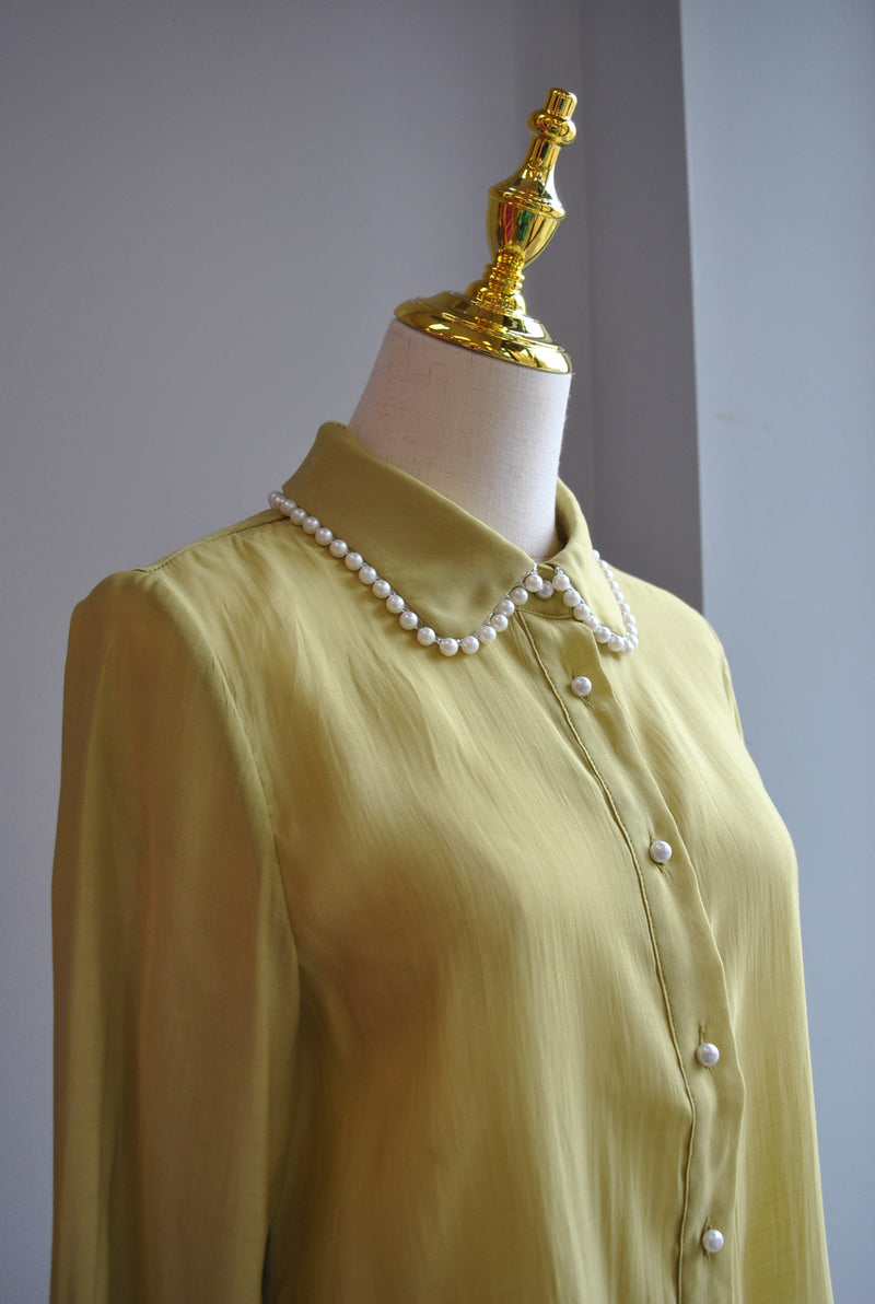 OLIVE GREEN BLOUSE WITH PEARLS