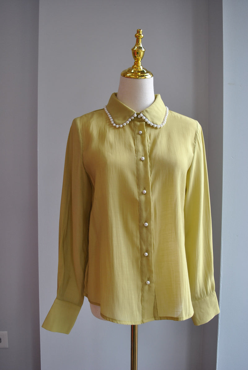 OLIVE GREEN BLOUSE WITH PEARLS