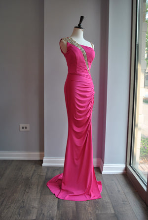 CLEARANCE - UCHSIA PINK AND CRYSTALS FIT LONG EVENING GOWN