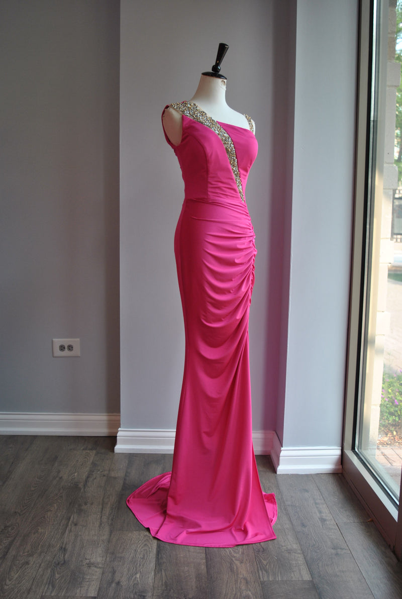 FUCHSIA PINK AND CRYSTALS FIT LONG EVENING GOWN