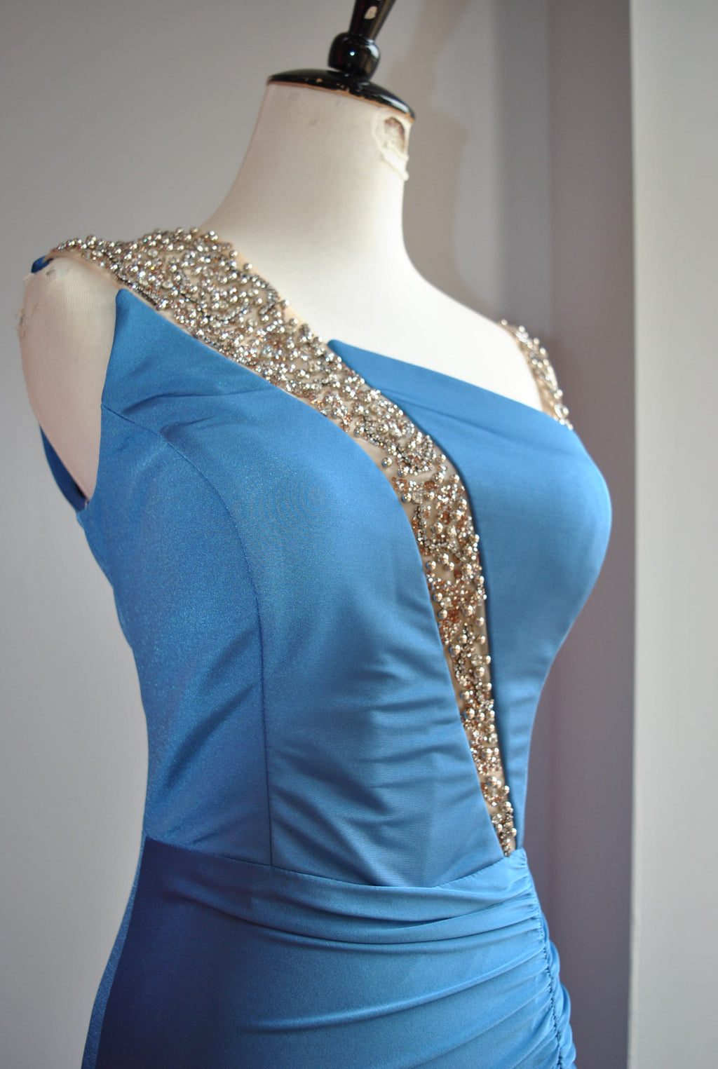 CLEARANCE  DENIM BLUE LONG EVENING GOWN WITH CRYSTALS