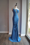 DENIM BLUE LONG EVENING GOWN WITH CRYSTALS