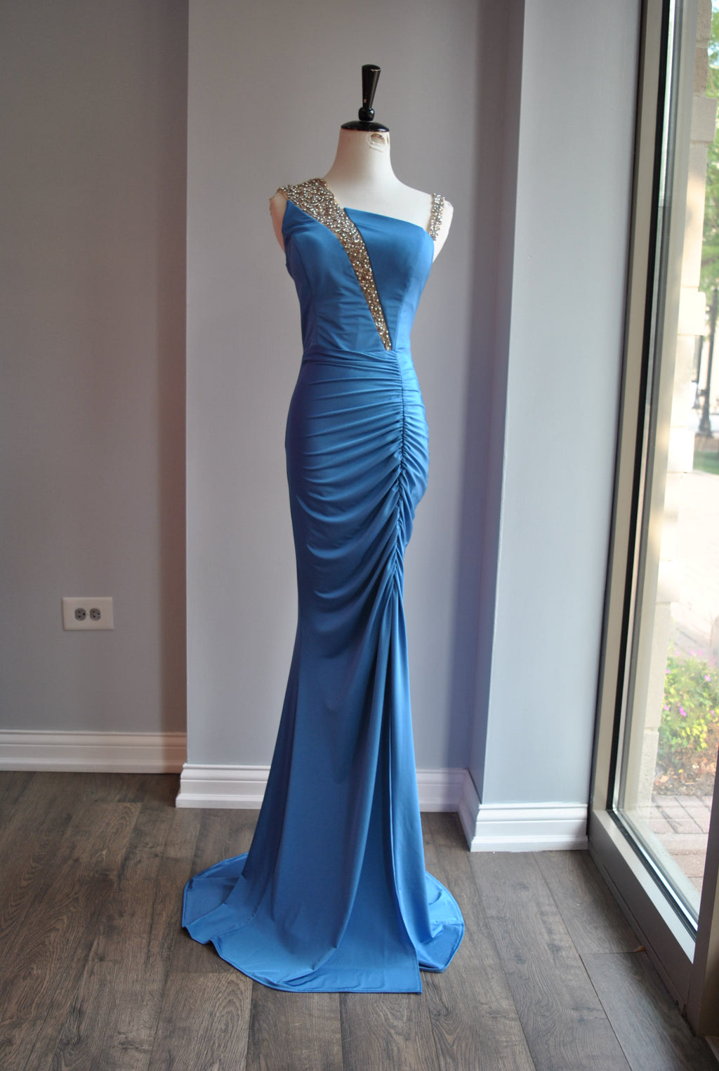 CLEARANCE  DENIM BLUE LONG EVENING GOWN WITH CRYSTALS
