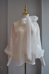 SHEER WHITE BLOUSE WITH STATEMENT SLEEVES AND TIE NECK