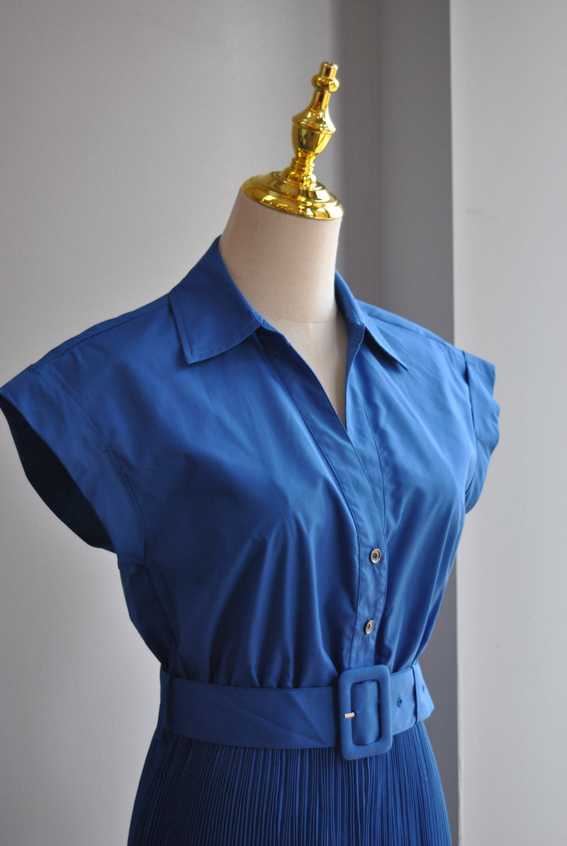 ROYAL BLUE SUMMER PLEATED DRESS WITH A BELT