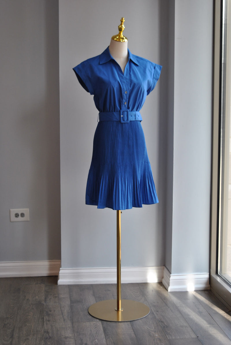 ROYAL BLUE SUMMER PLEATED DRESS WITH A BELT