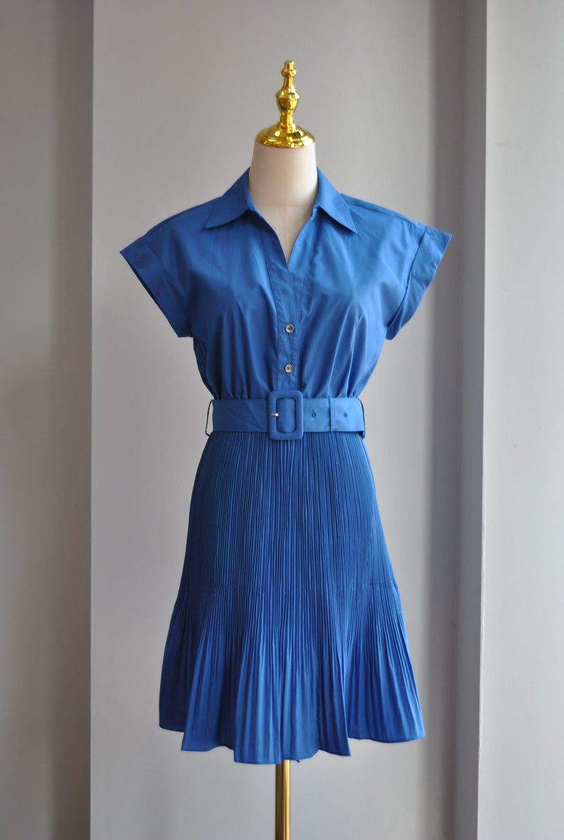 ROYAL BLUE SUMMER PLEATED DRESS WITH A BELT