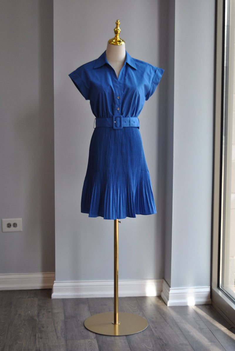 ROYAL BLUE SUMMER PLEATED DRESS WITH A BELT