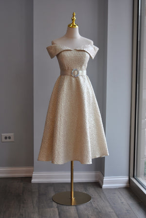 VANILLA FIT AND FLAIR COCKTAIL DRESS WITH CRYSTAL BELT