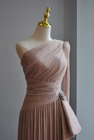 ROSE PINK MAXI ASYMMETRIC DRESS WITH CRYSTAL PIN