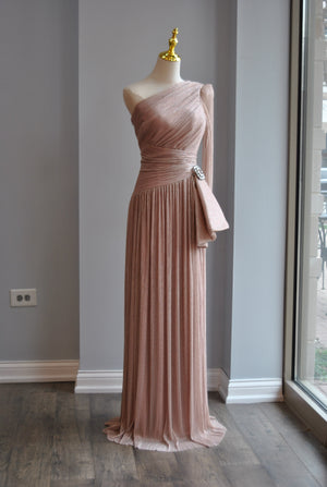 ROSE PINK MAXI ASYMMETRIC DRESS WITH CRYSTAL PIN