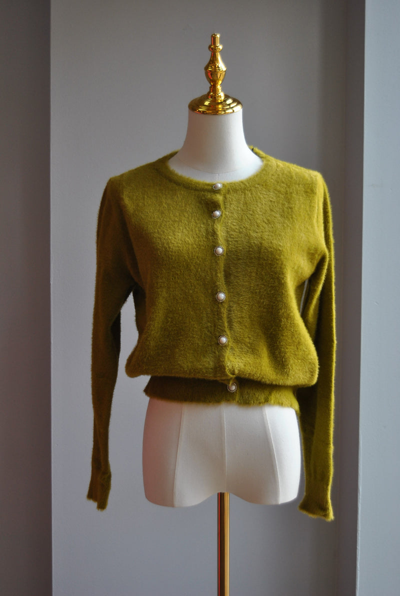 MUSTARD SWEATER TOP WITH PEARL BUTTONS